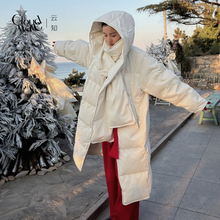 云知长款女士冬季加厚羽绒服连帽2026年冬季保暖防寒立领白色外套