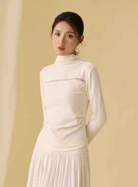 云知秋冬新款高领打底针织衫杏色气质修身长袖上衣蕾丝拼接打底衫