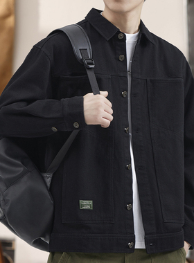 高端黑色工装夹克男士春秋季宽松百搭纯棉上衣美式牛仔外套衣服男
