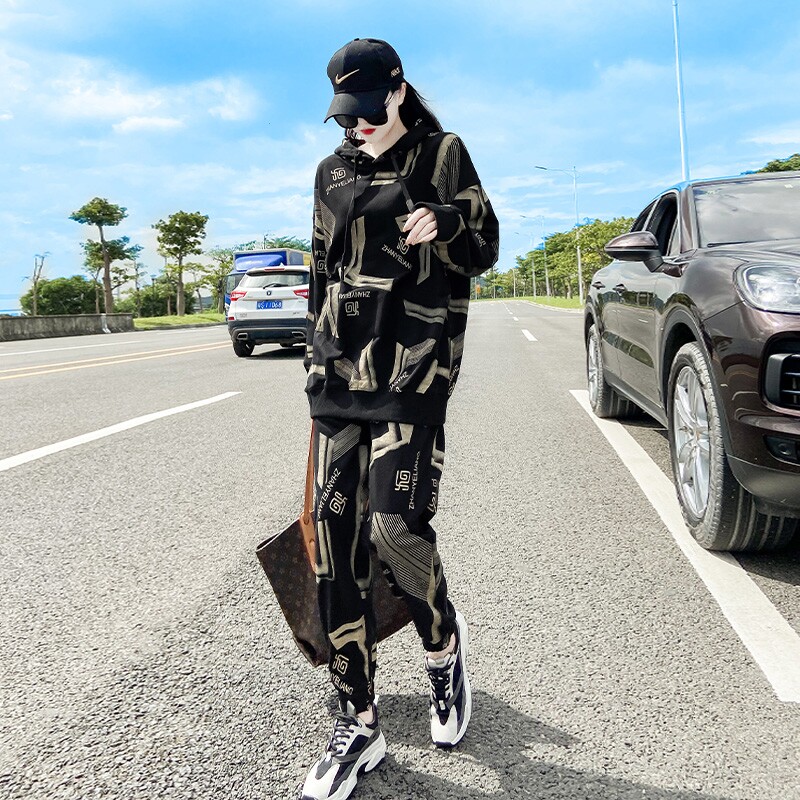 여성용 캐주얼 스포츠 슈트 패셔너블한 순면 하이엔드 트렌디 브랜드 봄 에이징 슬리밍 스웨트셔츠 투피스 세트