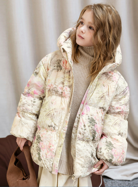 女童羽绒服中大童2025冬季新款碎花加厚童装羽绒服外套90绒4183