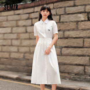 森马连衣裙女翻领长裙文艺温柔系2024夏季 裙通勤 新款 收腰百褶衬衫
