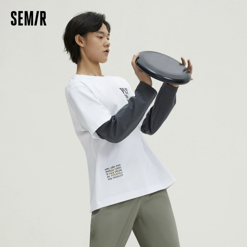 森马长袖T恤男撞色拼接纯棉假两件2023春季新款男士圆领内搭上衣