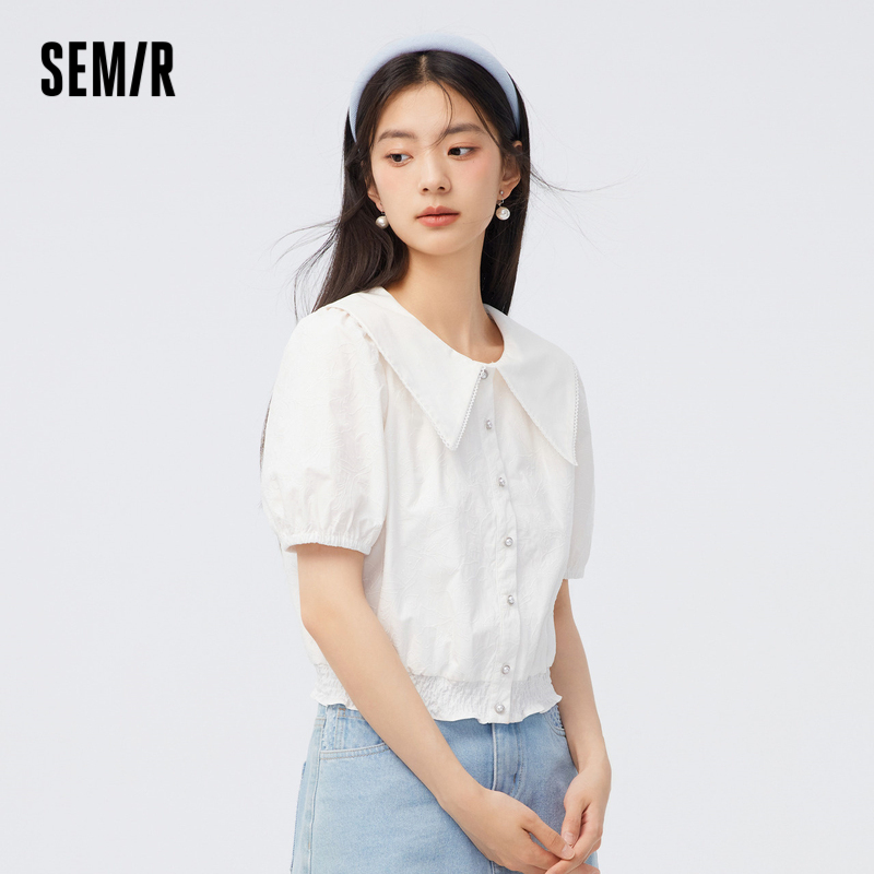 [商场同款]森马短袖衬衫女短款大翻领收腰2023秋新款刺绣上衣俏皮