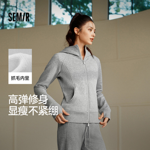 森马外套女冬季分割插肩袖紧身抓毛连帽2025新款显瘦休闲时尚夹克