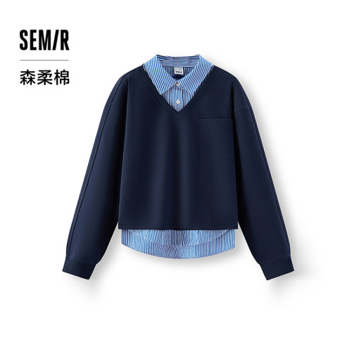 森马翻领开叉假两件条纹卫衣女