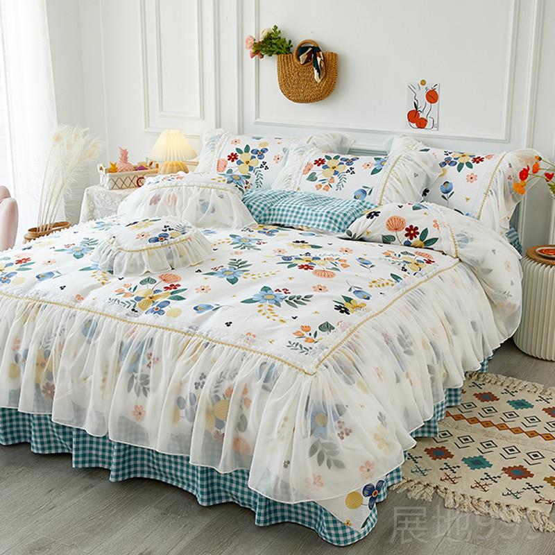 高档网红款女全棉床1上四荷件套纯棉公主风蕾丝叶边被套.8m床裙式