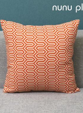 高档桔色 橙色列抱波纹鸟系格枕腰枕样板间美式轻奢现代靠垫千腰