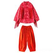 高档套街舞潮服色中国风嘻哈装 宽松少儿架子舞鼓演出红服幼儿爵士