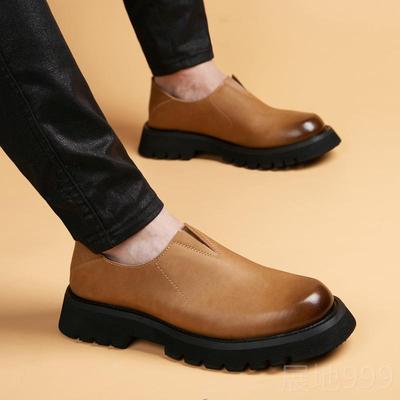 高档大头皮鞋男商正装务真皮夏脚季新款英伦蹬风一厚底休闲内增高