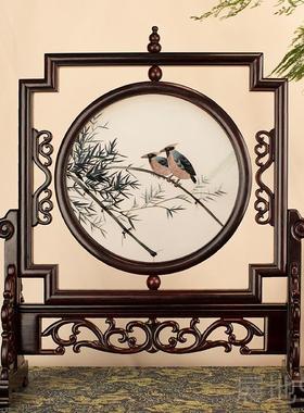 高档刺绣摆面件手工双面绣屏台苏绣中国风复古办公室奢装华桌饰品