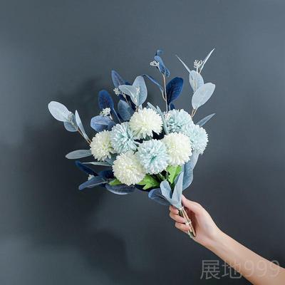 高档地中海简美桌面陶瓶瓷花白色仿绣真花艺尤加利桉树叶球蓝套装