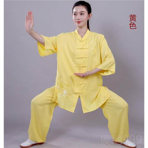 高档夏季薄服款棉晨麻短袖太极刺服女新款绣中袖武术表演太极拳练