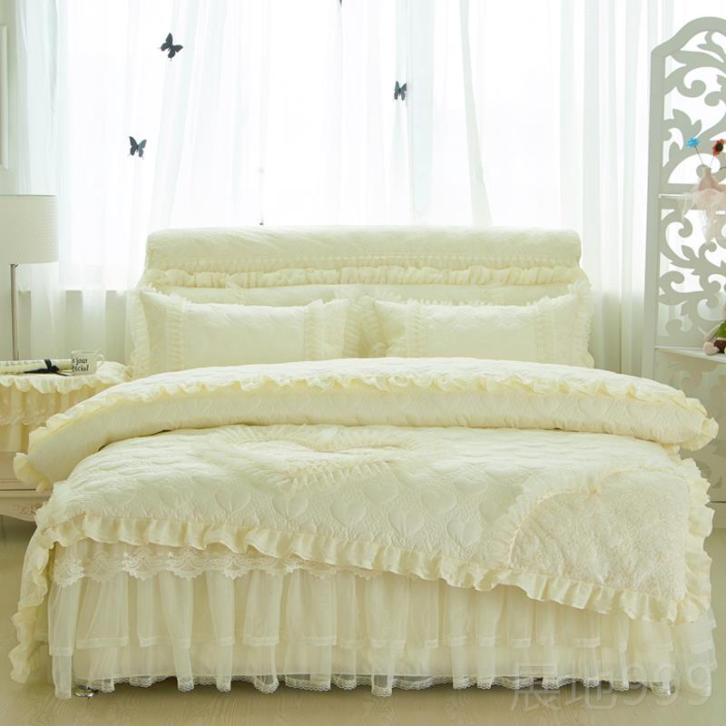 高档版韩婚庆床公主风夹棉床裙款四8件套蕾丝纱花边罩加厚1.m床上