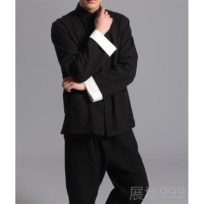 高档中国男士纯老粗布唐装长袖外双风层套立领盘扣禅修居士棉服功