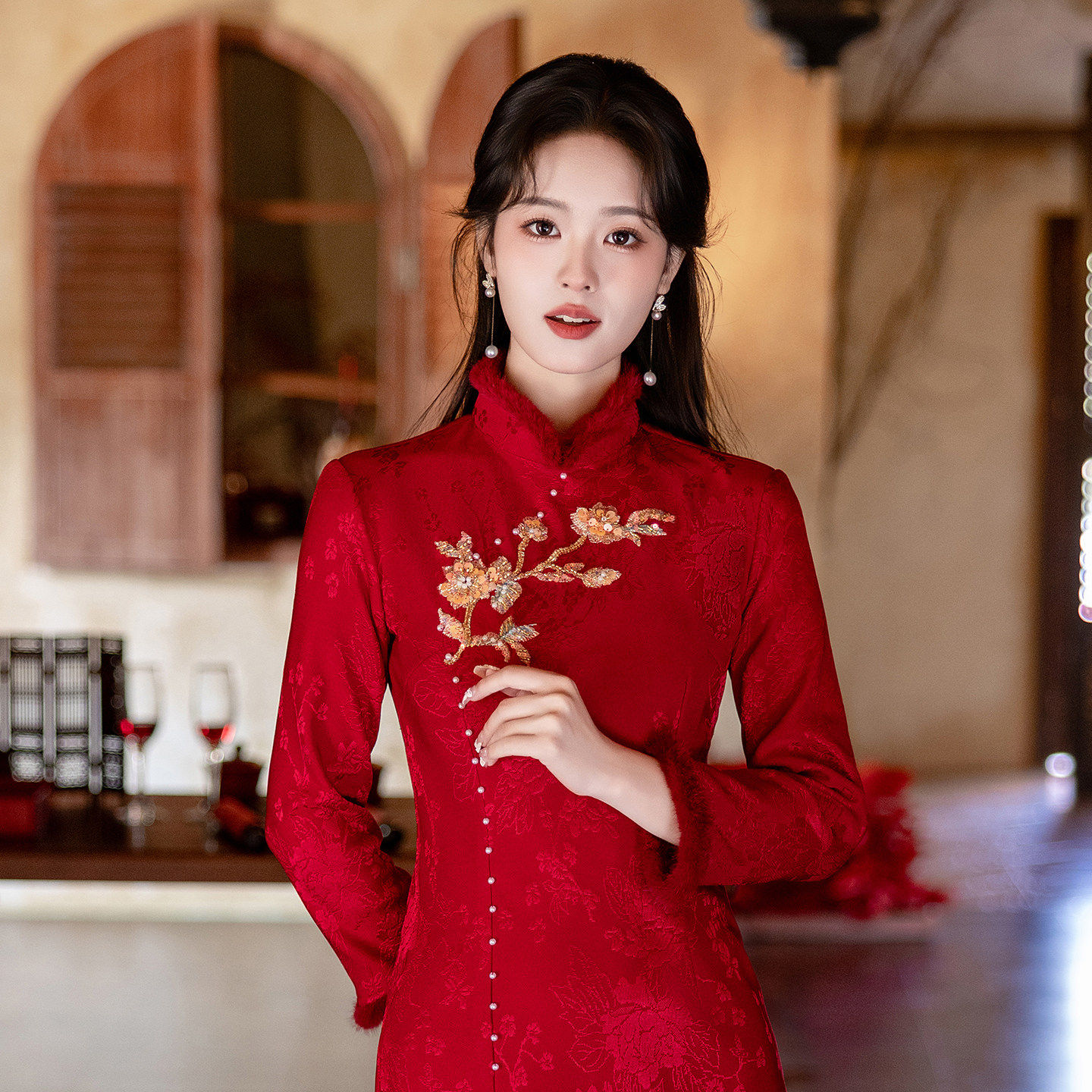 新中式敬酒服新娘2026结婚红色订婚礼服长袖加绒加厚冬装改良旗袍