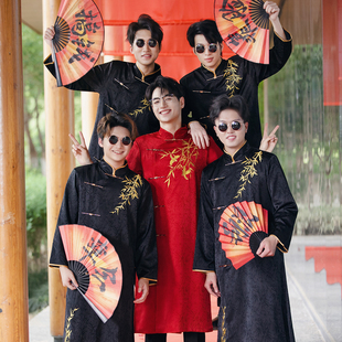 国风长袍唐装 伴郎服中式 男士 大码 旗袍相声大褂 婚礼接亲兄弟团套装