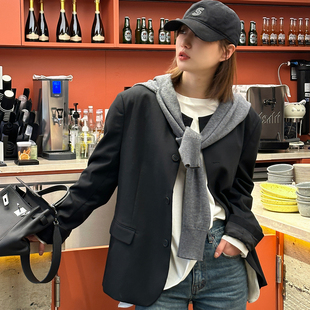 早春新款 无领宽松黑色羊毛西服外套休闲百搭NNB015