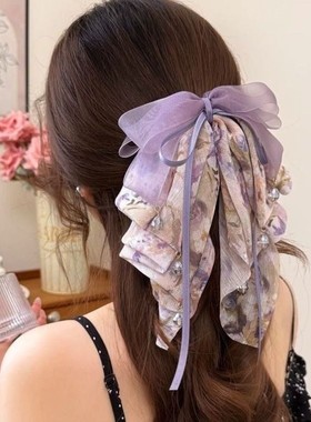 仙女风雪纺紫色碎花发抓蝴蝶结马尾夹显发量后脑勺新中式抓夹发夹