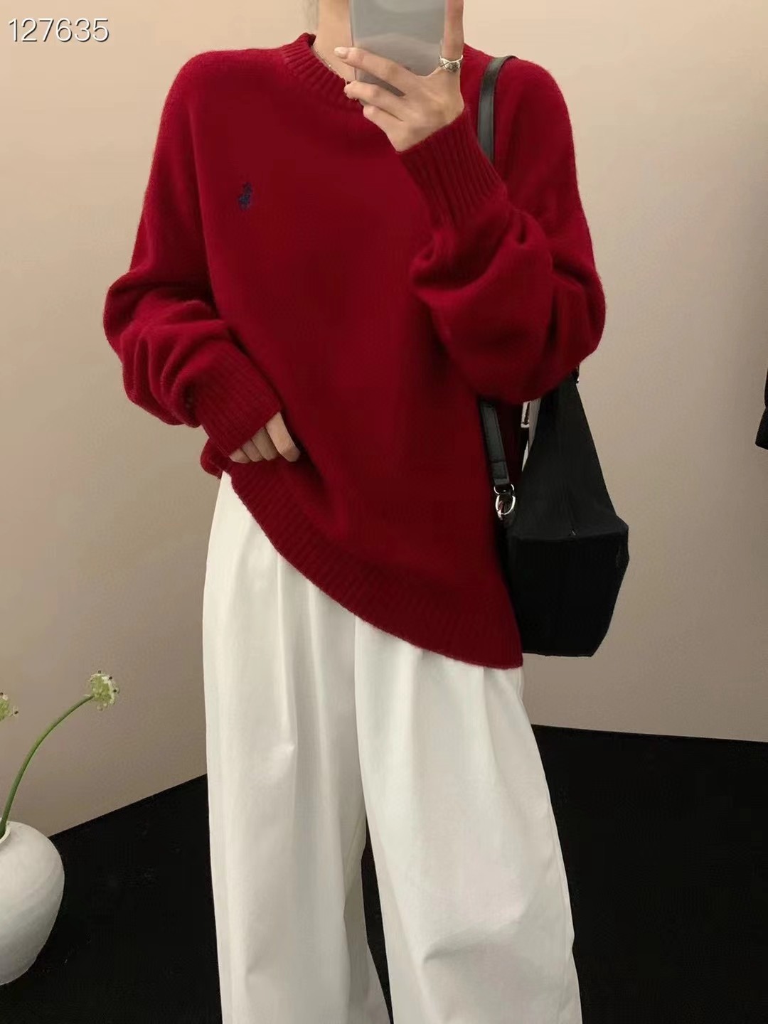26支羊毛韩国东大门精致小马刺绣圆领长袖针织衫毛衣女款厚款