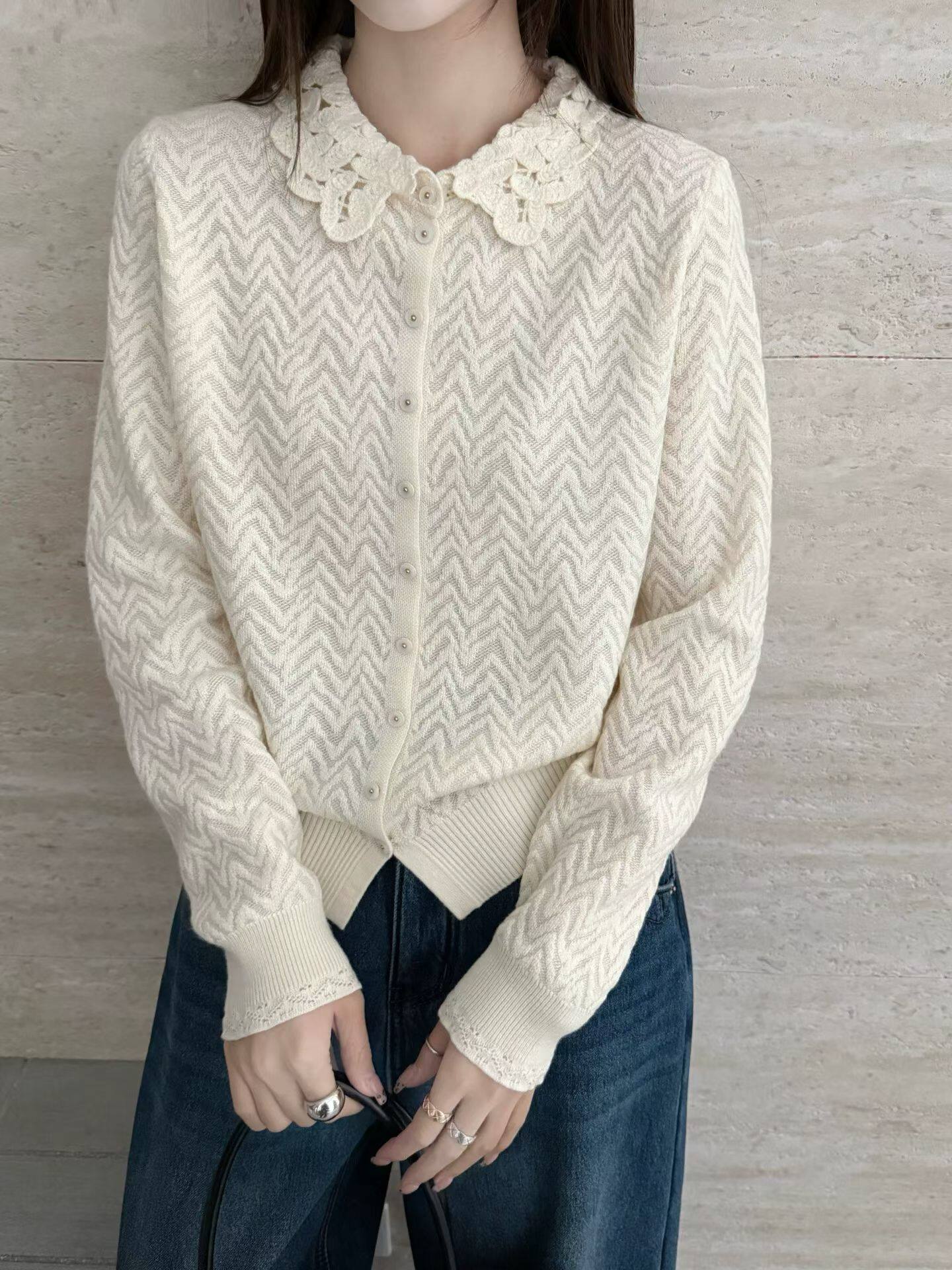 2026新款小香风软糯针织衫上衣欧根纱羊毛女款淑女蕾丝花边开衫