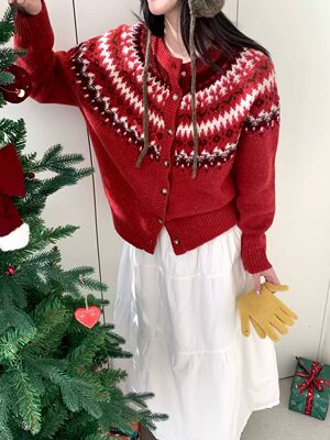 春节发货特卖100纯羊毛费尔岛女款开衫毛衣外套柔软毛衣针织衫