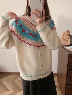 纯羊毛毛衣开衫外套女款民族氛围感针织衫外套气质费尔岛手工绣花