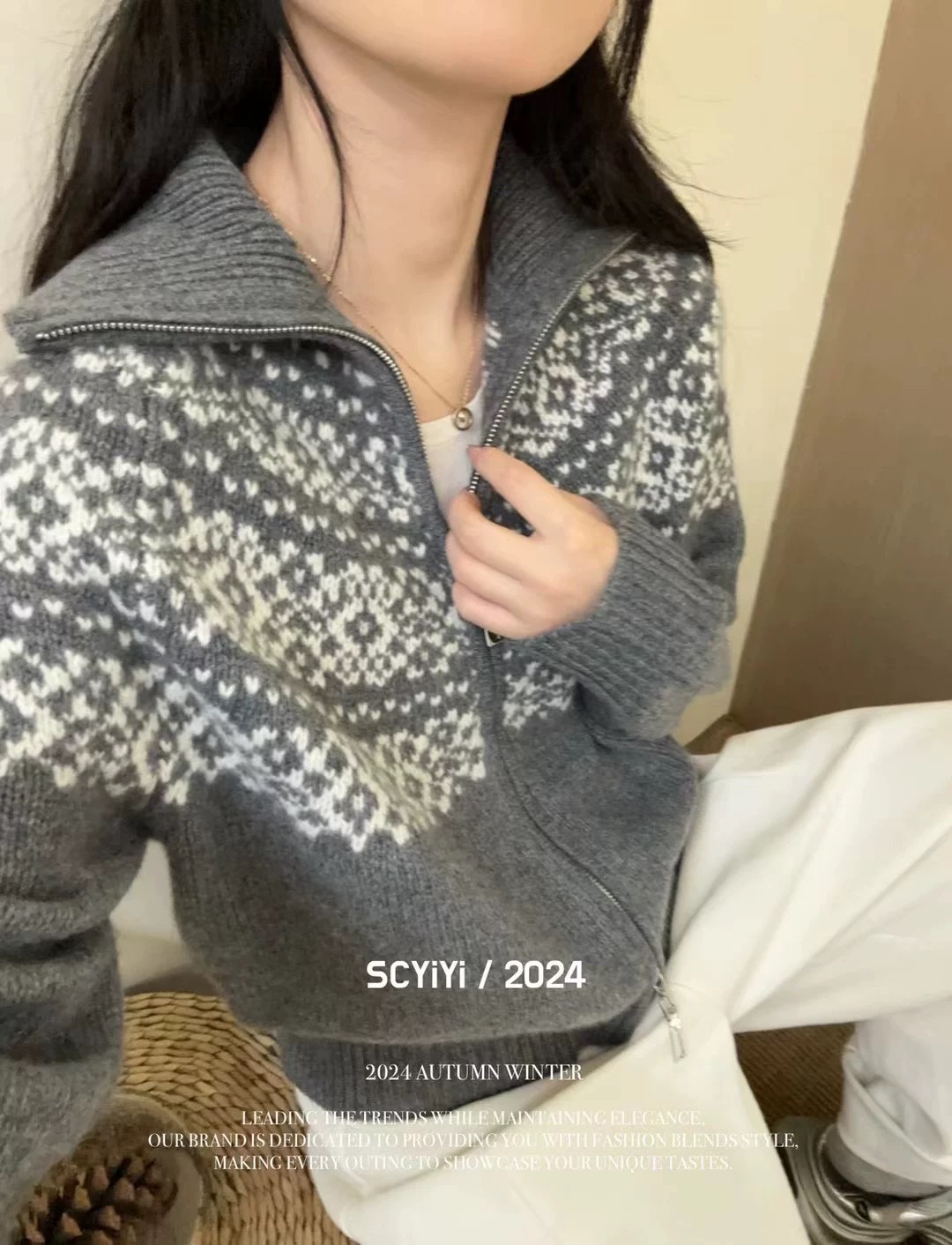 秋冬新款羊绒羊毛衫欧货加厚款翻领女款针织巴恩风费尔岛拉链开衫