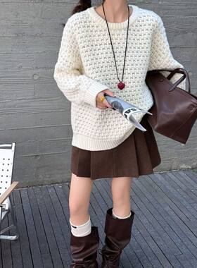 特价纯羊毛2025新款秋冬女款圆领针织衫毛衣长袖厚款镂空宽松