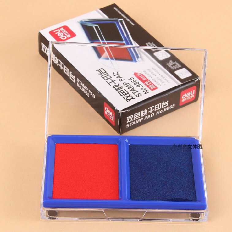 得力9865印台 红色蓝色印泥印泥盒 双色快干印台印章盒印泥油