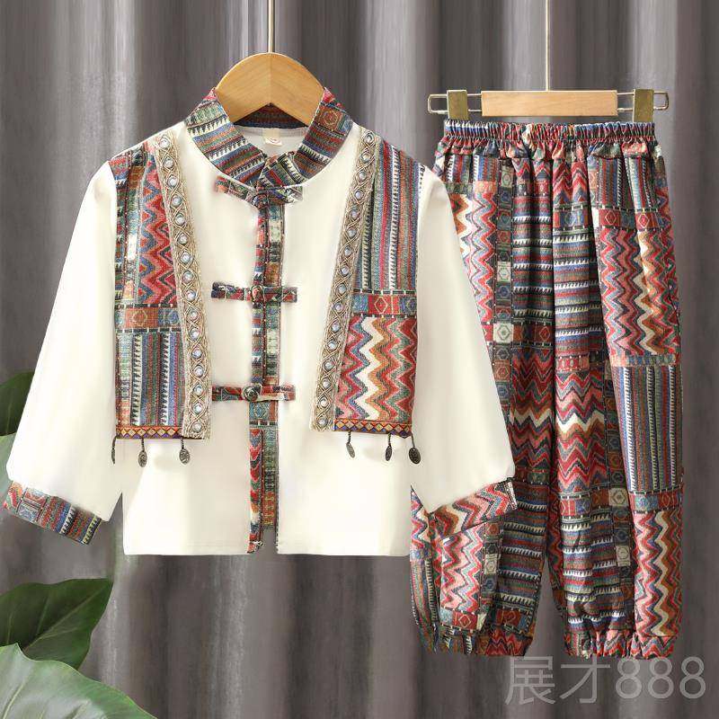 正品儿童汉代民族格广西壮族蹈傣族风舞服装男孩春夏装表演唐服装