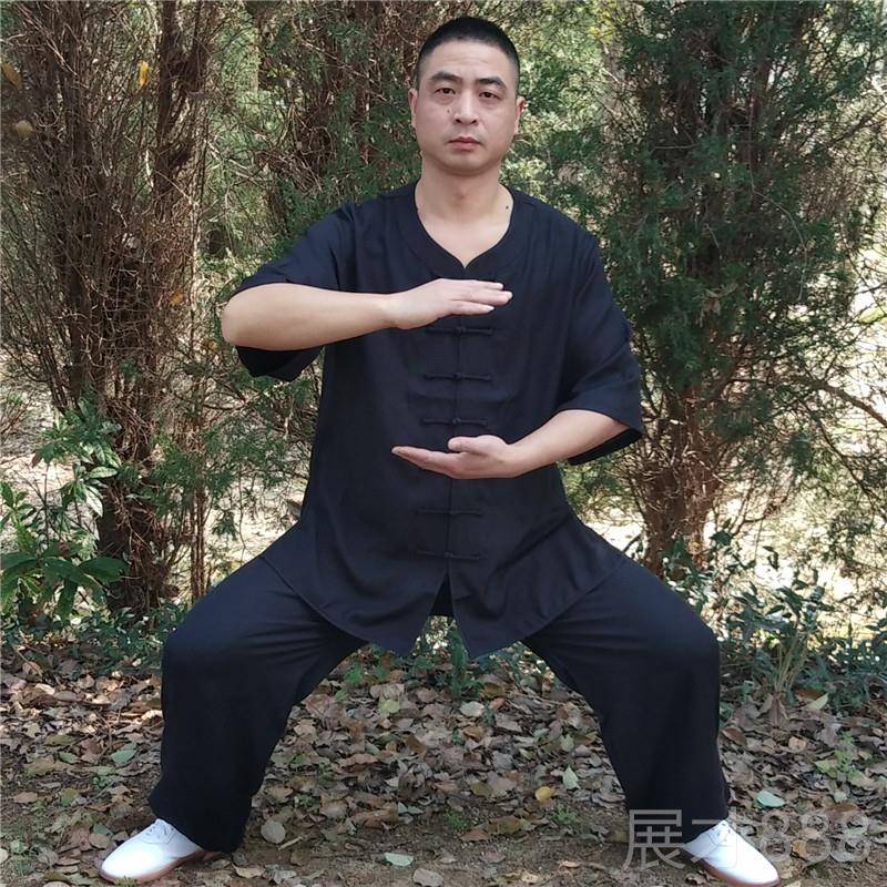 正品老短袖太极拳服棉麻武低领圆夏季术练习太极拳服中袖中年男女