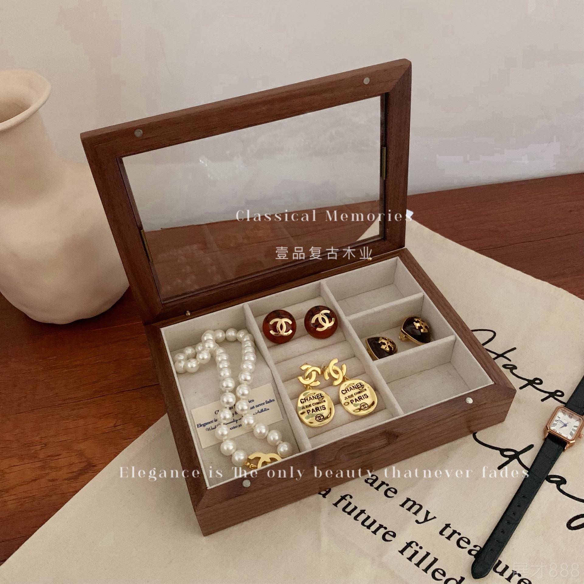 正品胡桃木首饰盒布内衬质盒盒拍照道麻具实木项链戒指中古收纳木