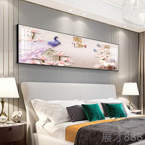 正品孔雀卧室头装饰现代简主卧挂画客厅背景墙壁画约晶画瓷床镶钻