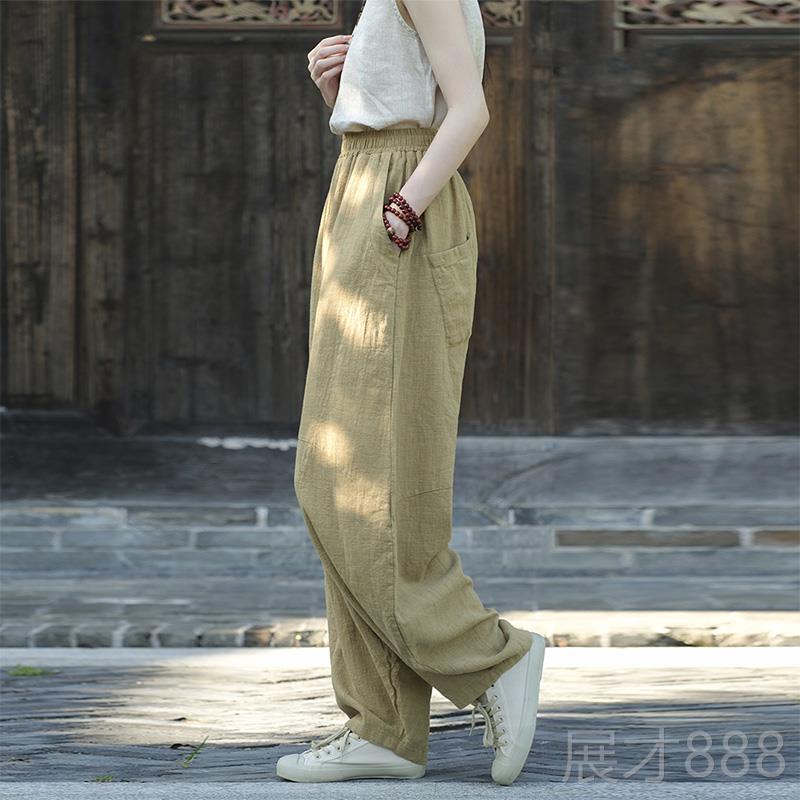正品春秋麻宽松太极裤女 中国风棉做旧极服装晨练太武术裤打坐裤
