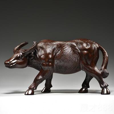 正品黑檀木雕水牛摆工件实木生肖牛家居客厅办礼公室桌面装饰摆设