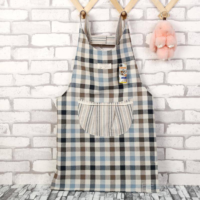 正品式棉麻布艺格子蕾丝圆兜韩厨房家用洁日围裙 加厚版罩衣清工