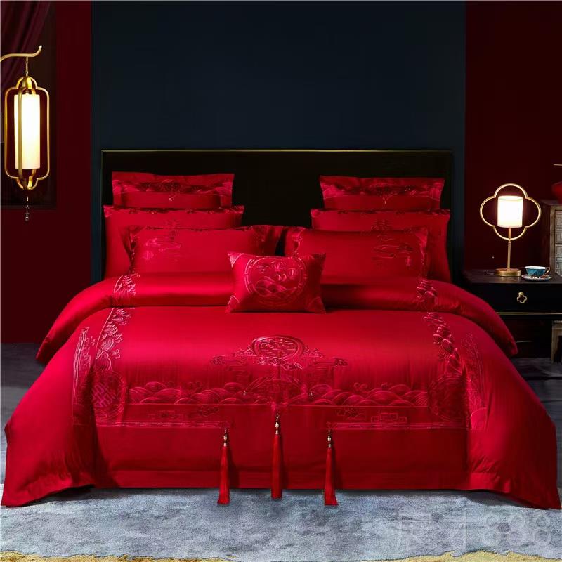 正品全棉婚庆四件组新大红色长绒棉中式结龙凤刺绣婚陪纯棉嫁床上