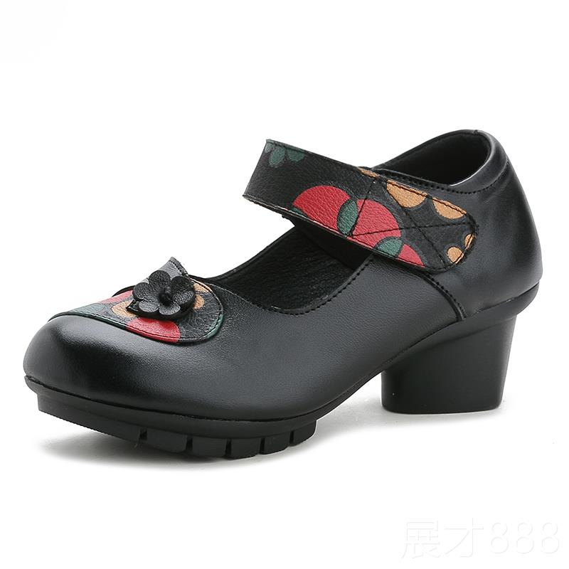 正品秋新款民妈族风真皮女鞋印妈鞋中跟中季老年皮花鞋透气防滑单