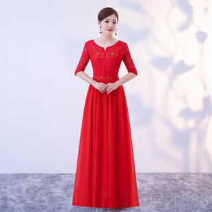 正品新款合唱服长衣裙礼服人人舞蹈团演出服成女年会主持红色中袖