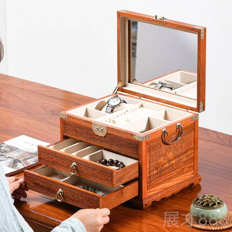 正品红木首饰盒新款实木缅式甸梨手饰收纳结盒高花档珠宝盒婚中嫁