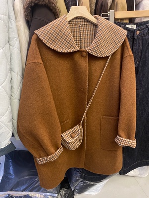 双面羊绒大衣女中长款2025冬季橘黄色娃娃领气质中长款毛呢外套