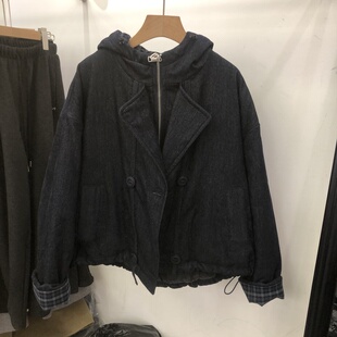 藏青色连帽羽绒服短款2026新款设计感高级面包服外套时尚洋气时髦