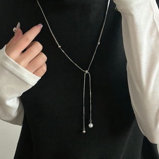 气质长款 抽拉珍珠流苏项链女小众设计感锁骨链轻奢毛衣链配饰品