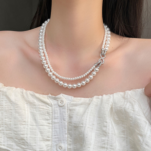 高亮珍珠项链女双层叠戴颈链气质高级感秋冬轻奢小众毛衣链配饰