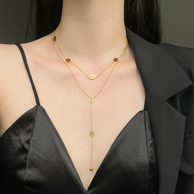 长款钛钢猪鼻子项链女不掉色双层叠戴毛衣链轻奢气质高级感锁骨链