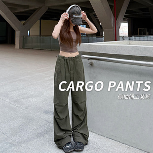 萝卜大叔美式潮工装裤女夏薄款高腰显瘦抽绳束脚裤休闲阔腿运动裤