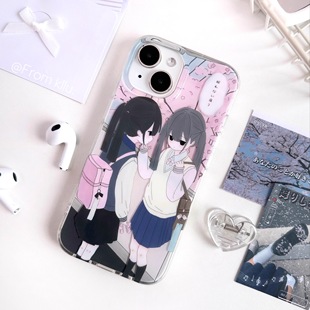可露露原创樱花季双层imd亮面苹果手机壳日系少女jk漫画二次元可爱粉色圆边大孔软壳新款141516promax