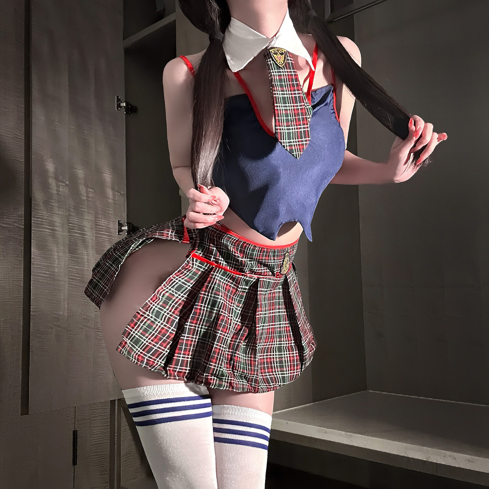 性感辣妹学院风制服领带系带背心格子开叉百褶超短裙床上JK套装