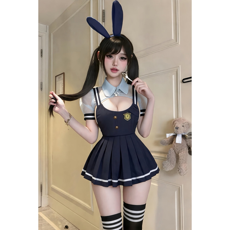 情趣俏皮可爱兔子警官cosplay兔女郎制服情侣趣味JK百褶背带裙qq